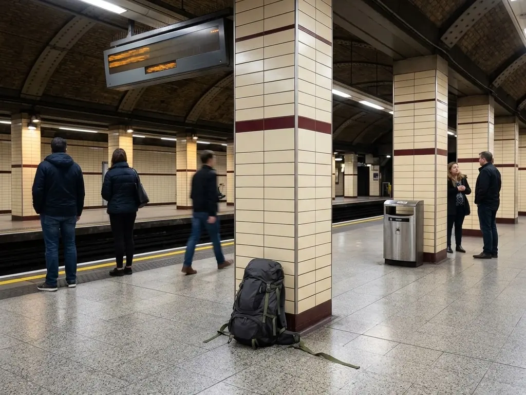Synthetic camera illustration: Backpack at a Column