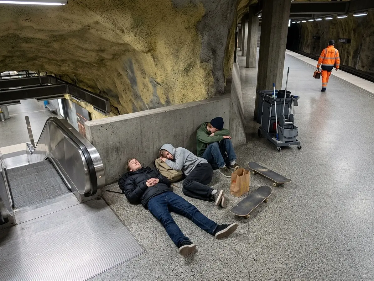 Synthetic station camera frame showing people seated or lying on the floor