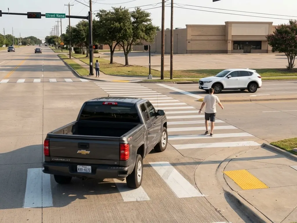 Synthetic camera illustration: Turning Pickup at a Crosswalk
