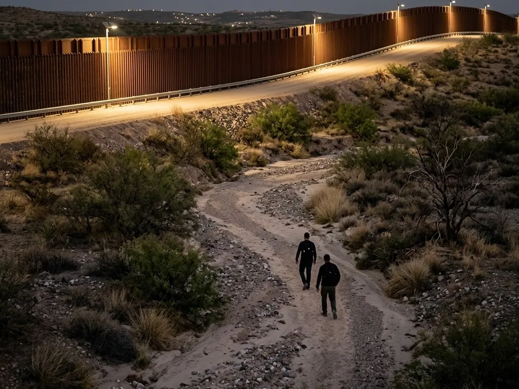 Two figures walk along a sandy wash below a floodlit border fence at dusk, the patrol road running along the ridge above them.