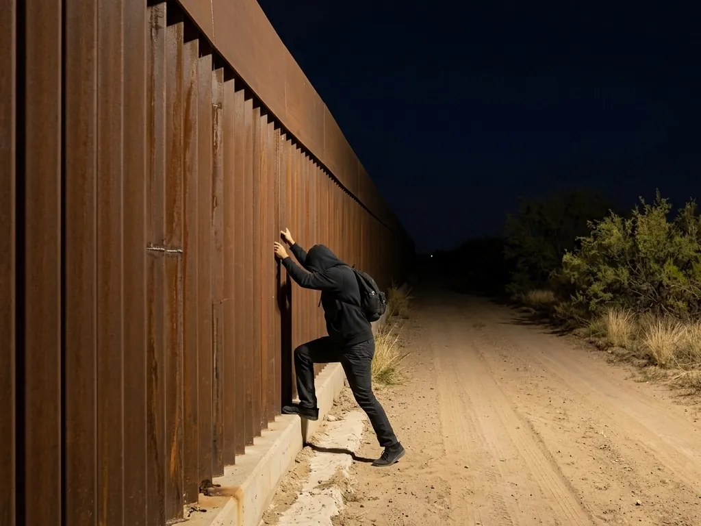 Seen from a high mast, a figure in dark clothing stands against a tall steel border fence on a floodlit patrol road that curves away into the desert at night.