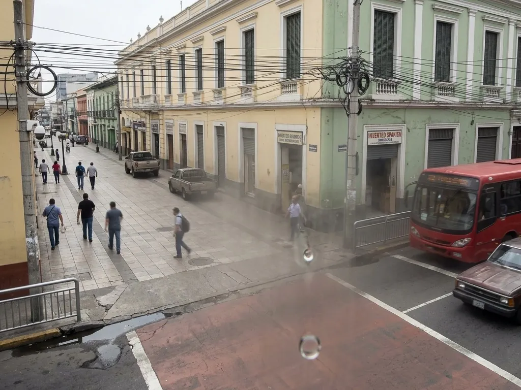 A street camera view fogged by haze and water droplets across the lens, the buildings and traffic below still recognizable but soft and washed out.