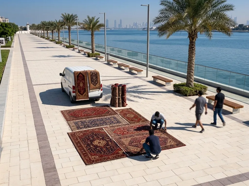 Rugs are laid out across the paving of a waterfront promenade beside a white van as two traders arrange them and pedestrians walk past.