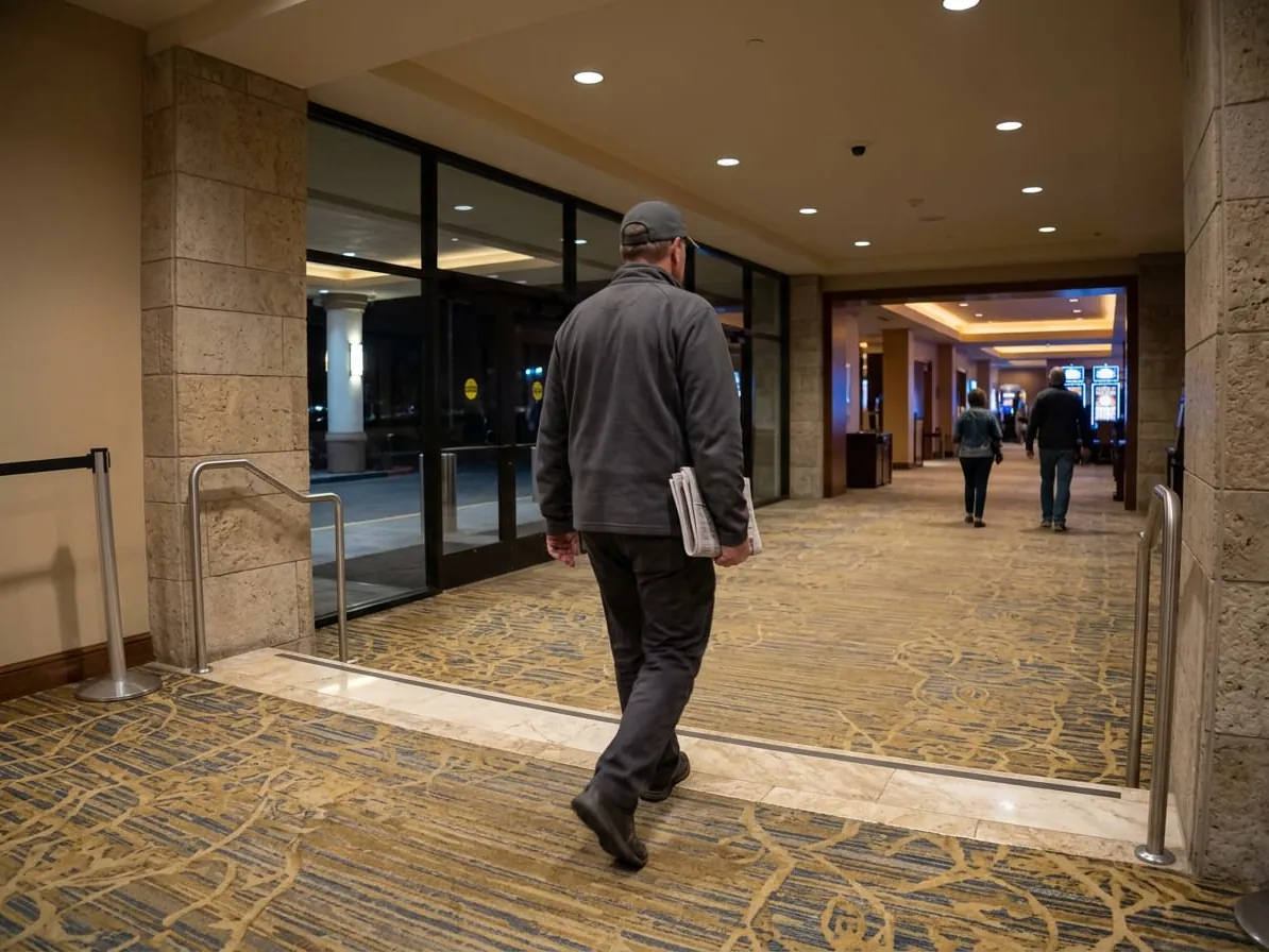 Seen from a camera in the ceiling of a casino entrance foyer, a man in a gray jacket and a plain cap walks in from the glazed vestibule onto the patterned carpet, with the glow of distant machine banks down the hall and nobody paying him any attention.