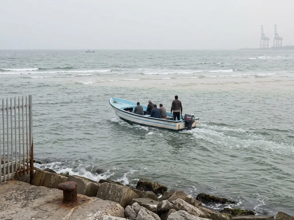 An open blue and white boat carrying four people runs in toward a rocky shoreline in flat morning light, with port cranes faint on the horizon.