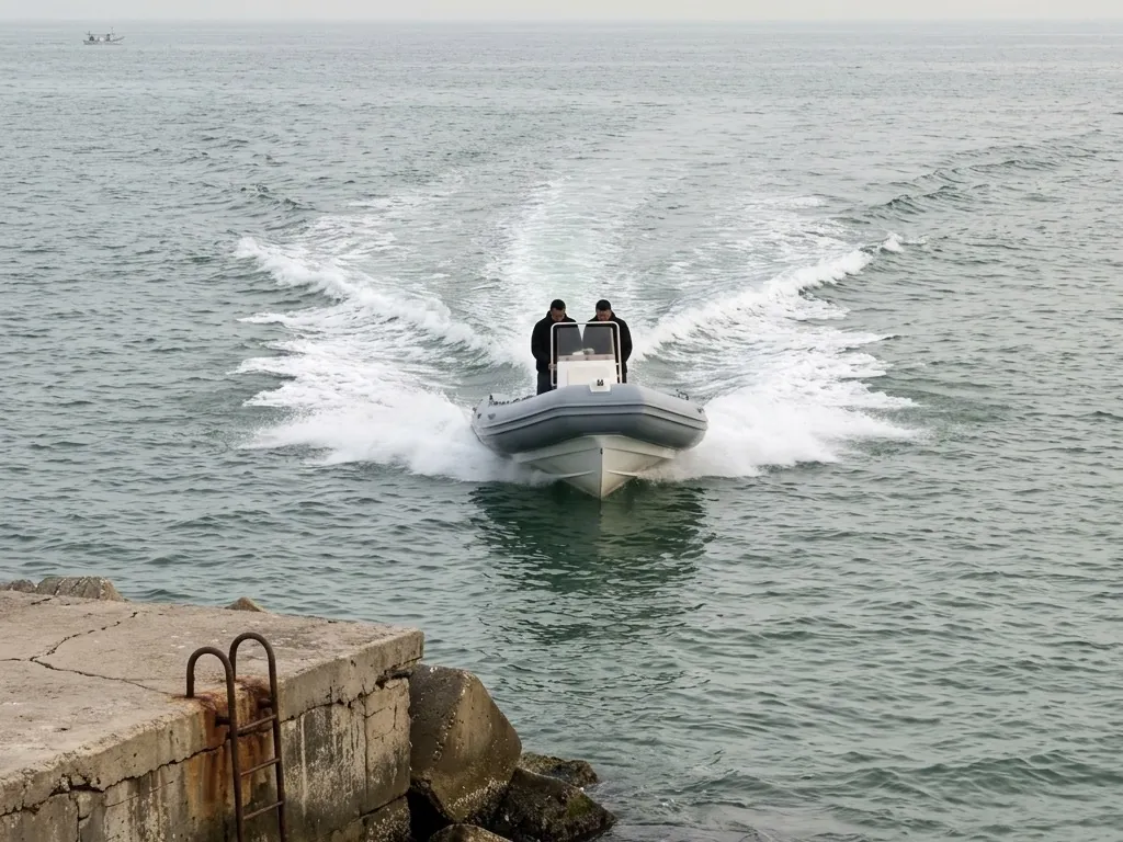A gray rigid inflatable with two people aboard runs bow-on toward a concrete jetty, its wake spreading behind it across gray-green water.