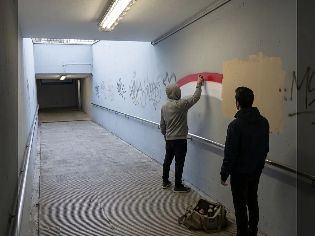 Two hooded figures work on the wall of a pedestrian underpass late at night, one spraying a red and white piece over a painted-out patch, a bag of aerosol cans open on the floor.