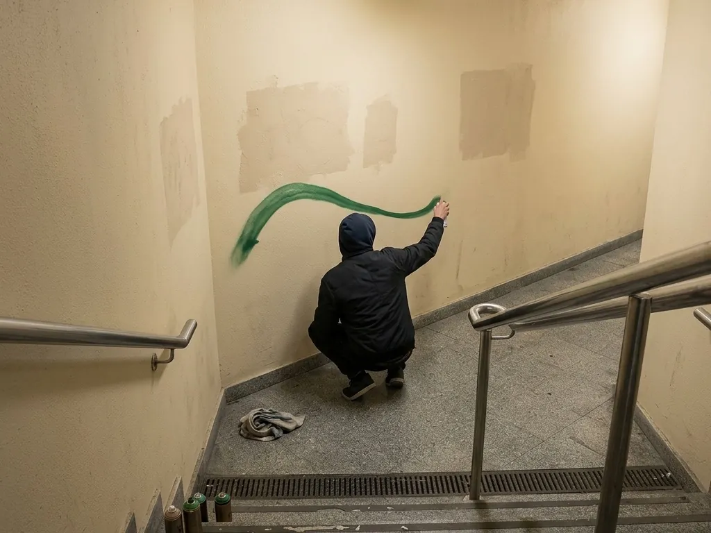 A hooded figure crouches on a stairwell landing at night spraying a green line across a repainted wall, aerosol cans standing on the step below.