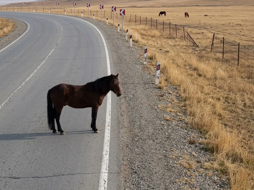 A bay horse stands on the roadway of a rural highway just inside the edge line, with more horses grazing beyond a broken wire fence on the steppe.
