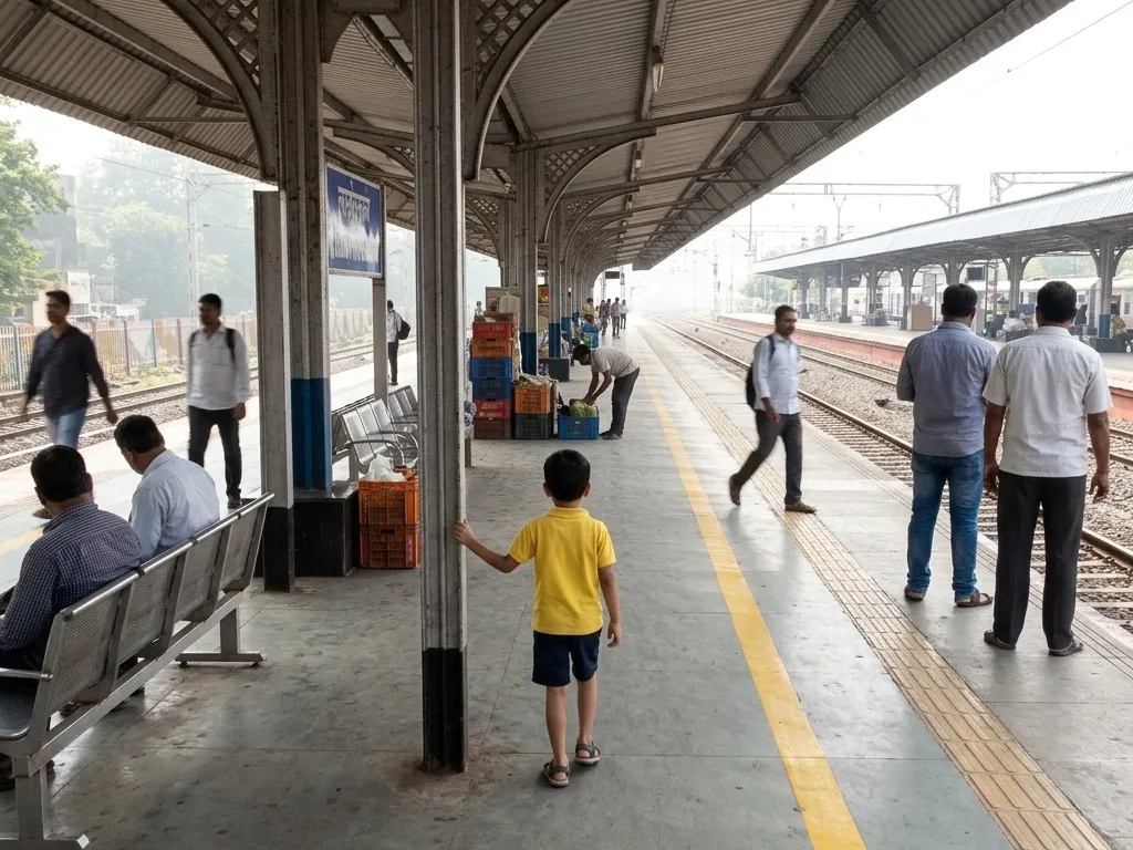 A small boy in a yellow shirt stands alone beside a pillar on a railway platform, seen from behind, as adults walk past without stopping.