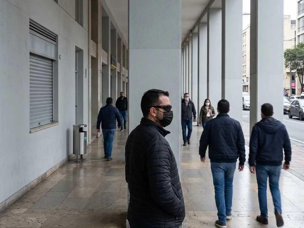 A man in dark sunglasses and a black face mask stands under a concrete colonnade on a city street as other pedestrians walk past him.