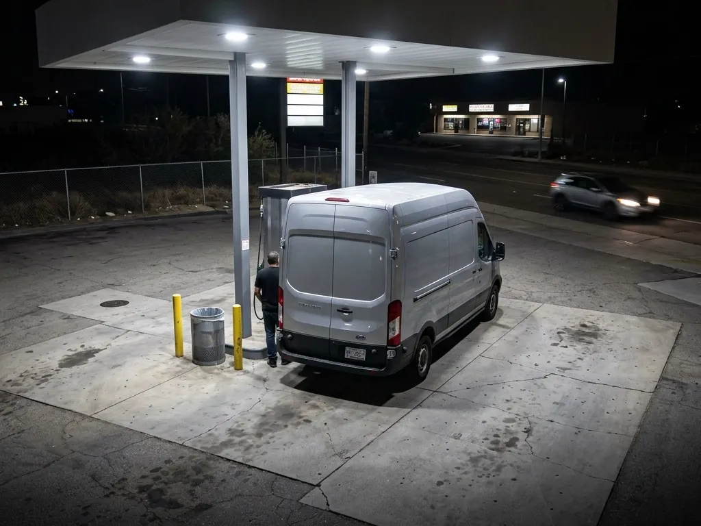 A silver panel van stands at a lit pump island under a forecourt canopy in the middle of the night, one person fueling it, with an empty road and a closed store behind.
