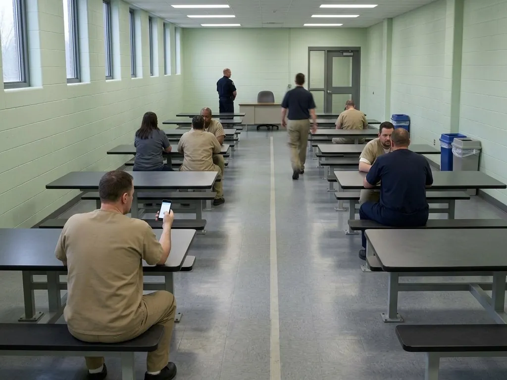 In a dayroom with rows of fixed tables, a man in a plain tan uniform sits with his back to the camera holding a lit phone below the table edge, others seated apart and an officer standing at the far end.