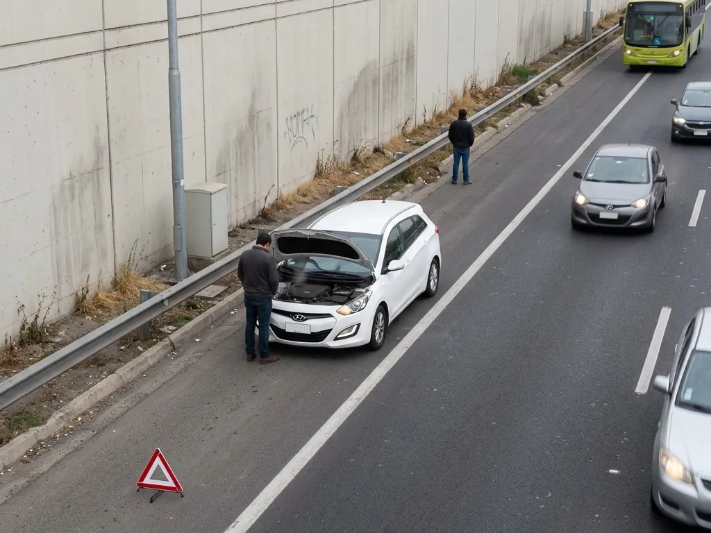 A white hatchback stands on the shoulder of an urban highway with its hood raised and a warning triangle set out behind it, two people standing clear as traffic passes.