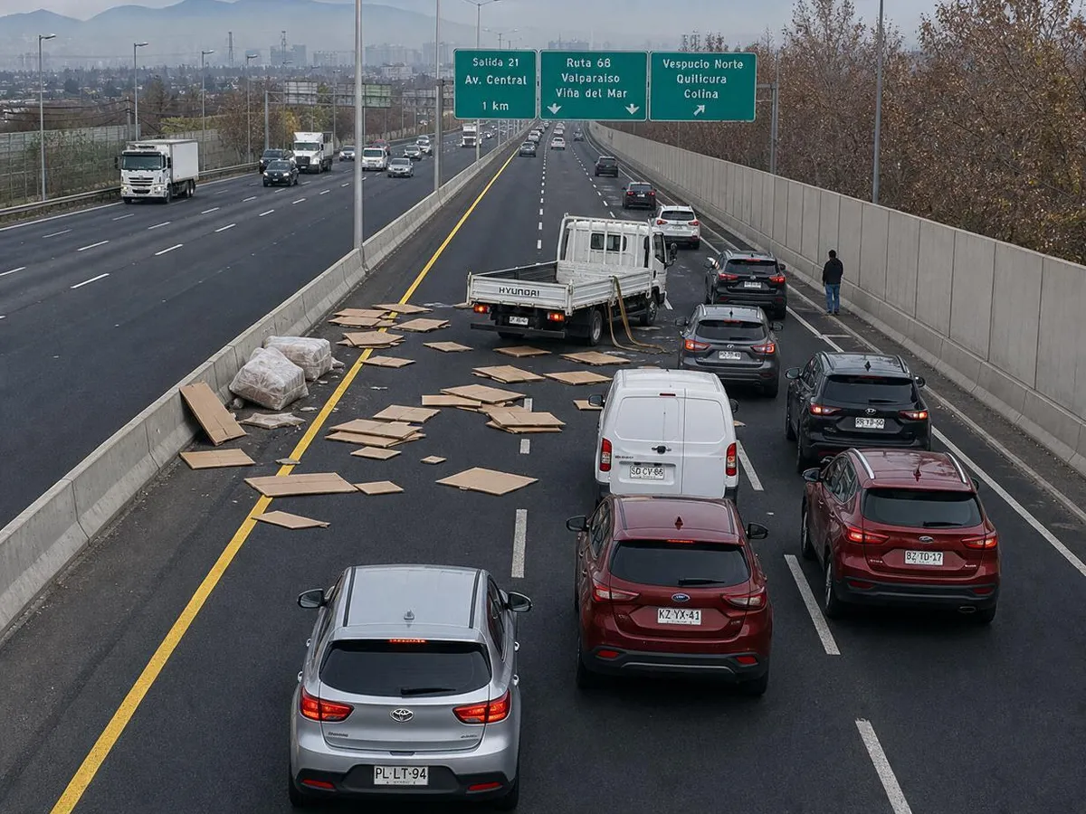 Flattened cardboard and wrapped packages lie strewn across two highway lanes behind a small white flatbed truck, traffic queuing behind it and the driver standing on the shoulder beside it.