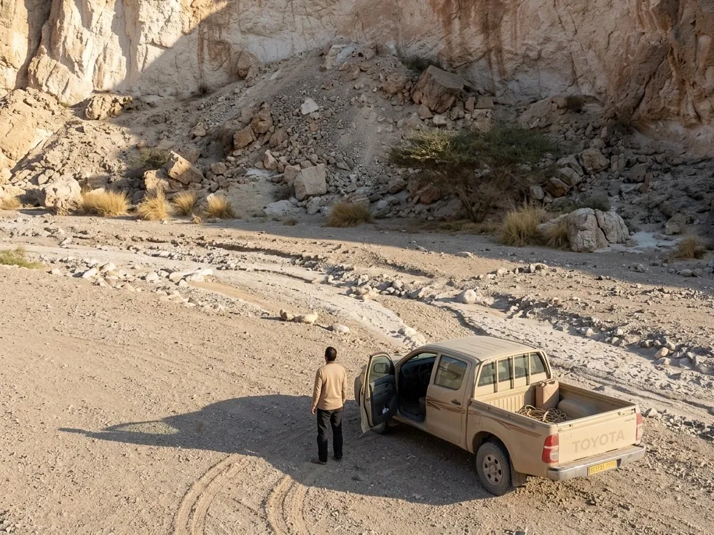 A dusty pickup stands with its door open in a dry watercourse below a rock escarpment, cargo in the load bed and tire tracks curving across the gravel, one person beside it.