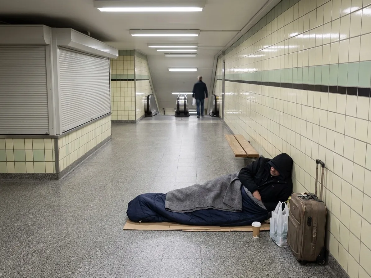 A man lies on his side in a sleeping bag against the wall of a metro connecting passage, with a suitcase and carrier bag beside him.
