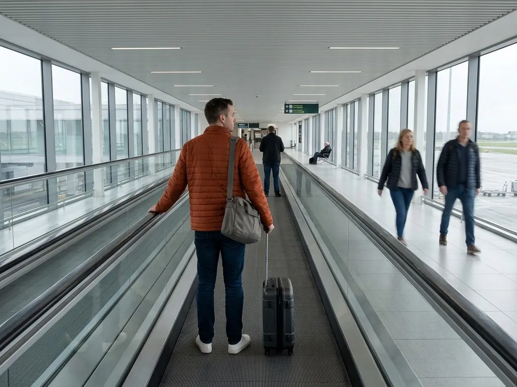 A man in a rust-orange jacket rides a moving walkway along a glazed terminal pier, the aircraft apron visible through the windows, other passengers walking the other way.