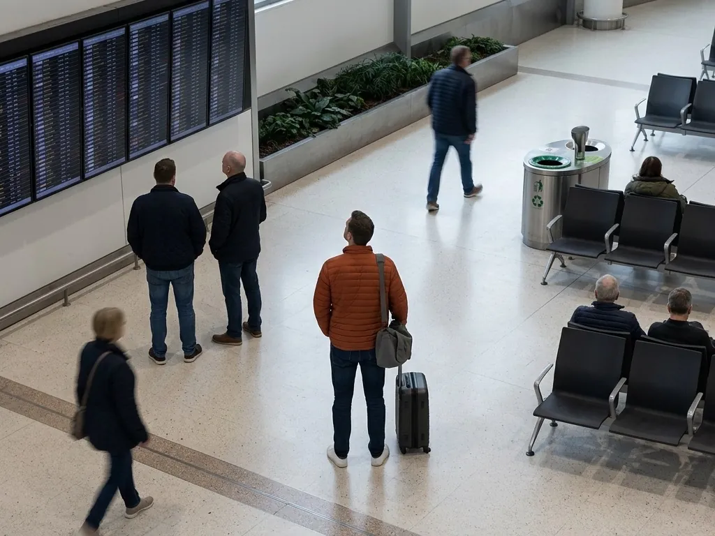 Seen from above, the same man in a rust-orange jacket stands with his suitcase in an arrivals hall, looking up at a bank of flight information boards.