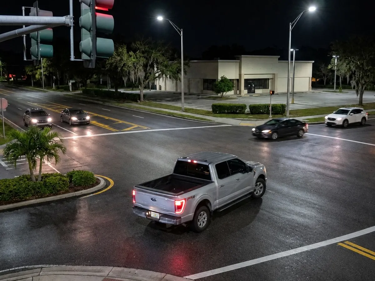 A silver pickup truck crosses a wet intersection at night while the overhead signal shows red, with other traffic waiting behind the stop line.