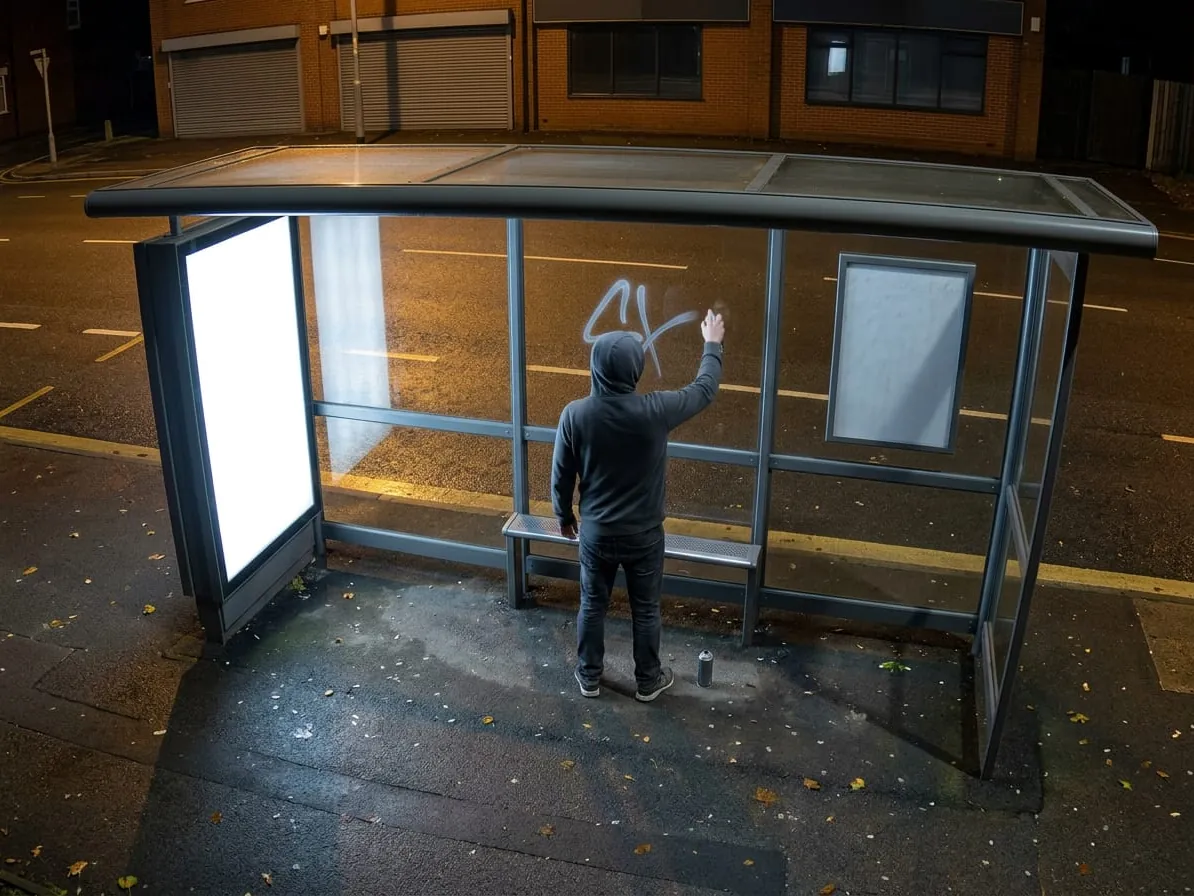 A hooded figure stands against the rear glass panel of a lit bus shelter at night with an arm raised, a half-finished silver tag on the glass and a second spray can on the paving, the wet road behind completely empty.