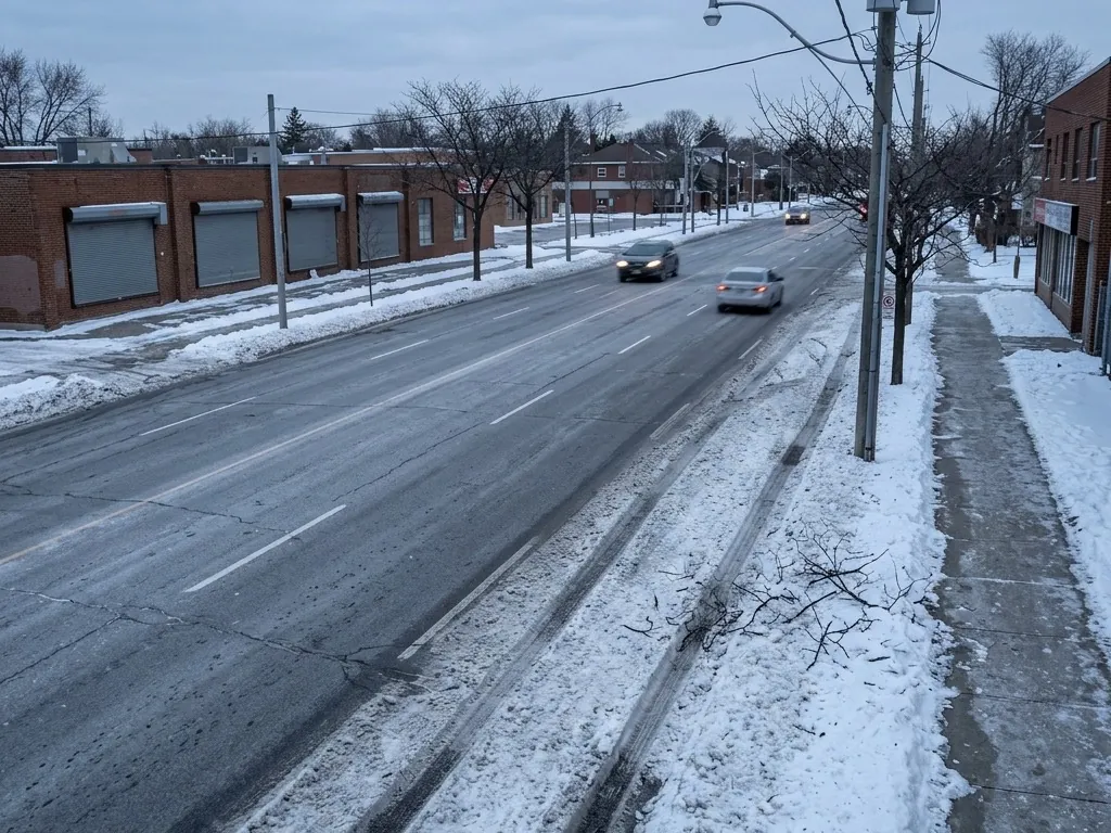 A ridge of ploughed snow and a fallen branch block the curb lane and sidewalk of an arterial road in flat winter light, two cars passing in the cleared lanes.
