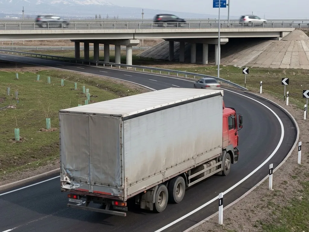 A curtain-side truck leaves a highway down an interchange slip road, its rear plate visible, with traffic crossing the overpass above and snow-capped mountains beyond.