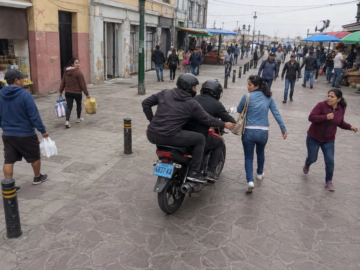 A two-rider motorcycle pulls alongside a woman on a busy pedestrianized street, the pillion passenger reaching toward her shoulder bag as people nearby turn to look.