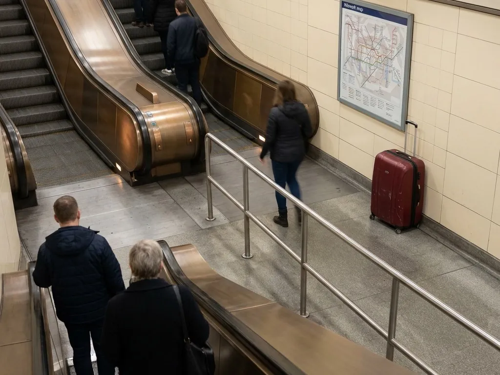 A maroon hard-shell suitcase stands alone against the tiled wall of an Underground escalator hall while passengers ride the escalators beside it.