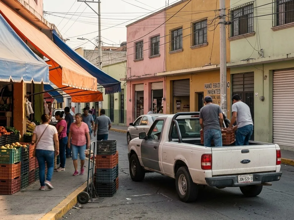 A white pickup truck is parked at the curb of a busy market street while two men load plastic crates into its bed, its rear plate legible to the camera.