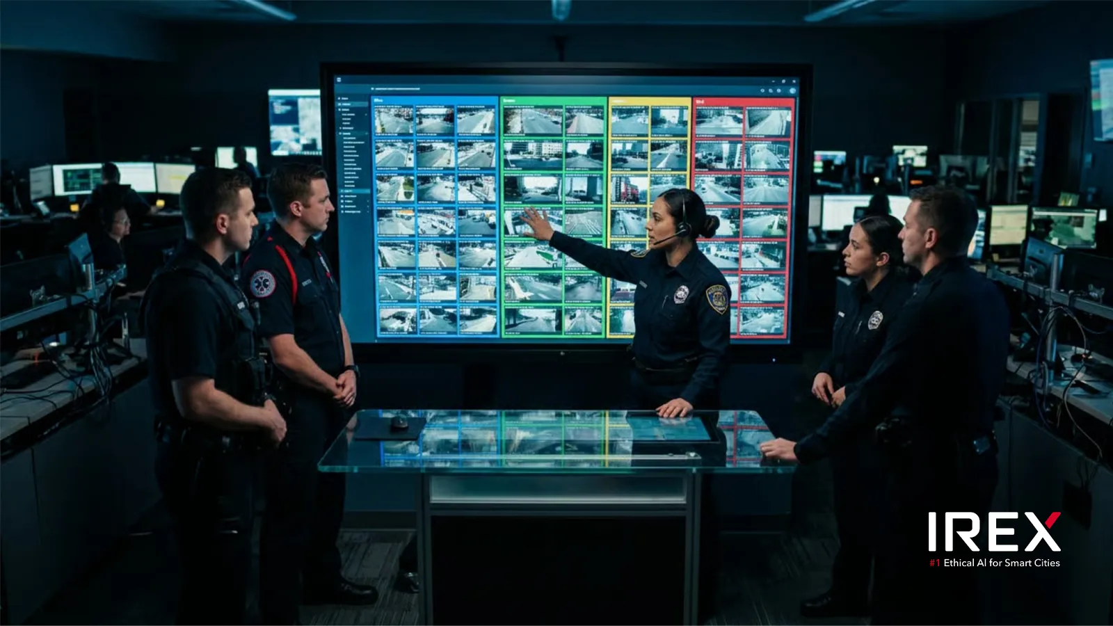 A police officer points at a large video wall of street cameras grouped into colored blocks, briefing police and EMS colleagues in a control room
