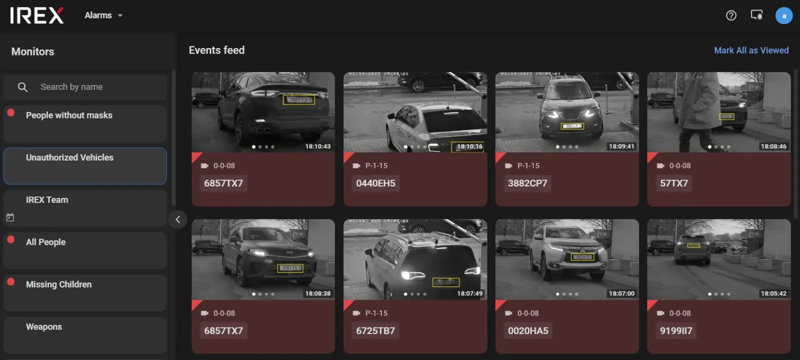 The IREX Alarms screen: a monitors list on the left naming monitors such as People without masks, Unauthorized Vehicles, IREX Team, All People, Missing Children and Weapons, beside a feed of plate-recognition event cards, several of them shaded dark red as unviewed, under a Mark All as Viewed control