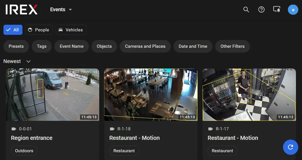 The IREX Events screen: a subject dropdown set to All with People and Vehicles beside it, a row of filter chips for Presets, Tags, Event Name, Objects, Cameras and Places, Date and Time and Other Filters and three result cards showing detection boxes and timestamps