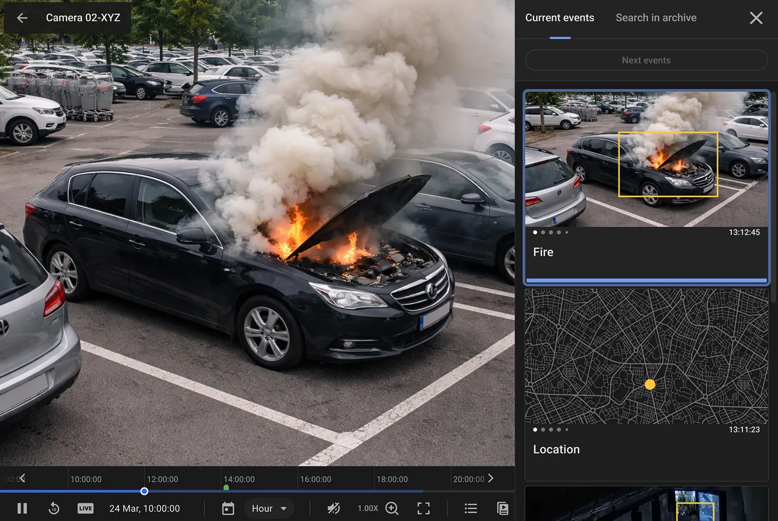 The IREX media player in archive review: a parking-lot camera view with a fire detection box, an events-density timeline beneath it with a LIVE toggle and an Hour scale control and a side panel with Current events and Search in archive tabs above a location mini-map