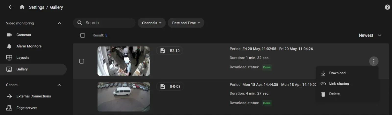 The Gallery screen in Settings: two saved video clips listed with their channel, period and duration and a Download status of Done and an open row menu offering Download, Link sharing and Delete