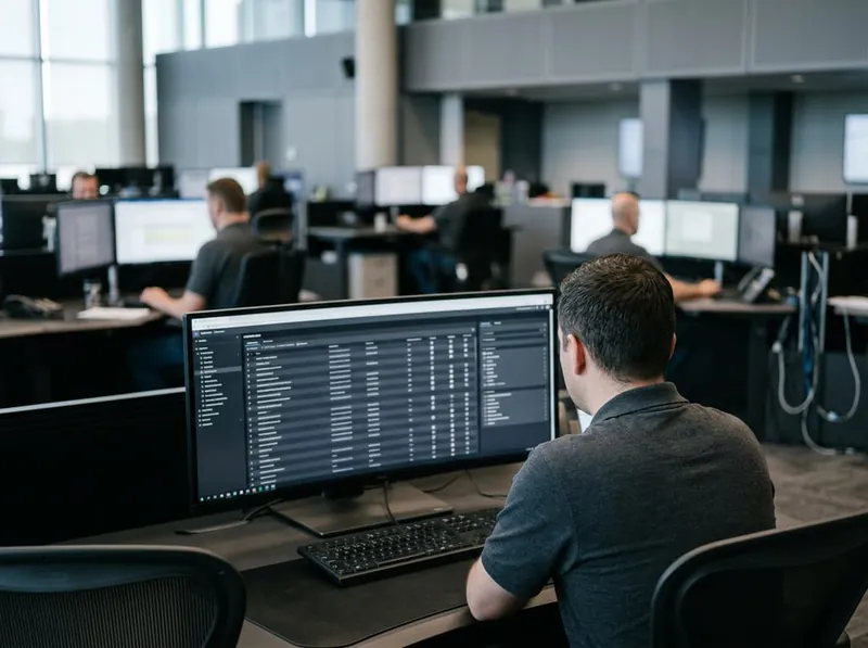 A monitoring center seen over one operator’s shoulder: a wide monitor of lists and status rows in front of them and colleagues at their own screens out of focus across the floor behind
