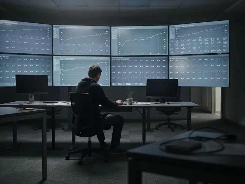 An operations room in the small hours: a wall of graph and node displays, one operator at the desk with a steaming mug, every other desk dark and empty