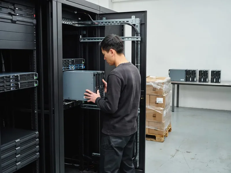 A technician in an equipment staging room sliding a server into a rack, seen from behind, with a bench of identical machines beside him and a pallet of sealed cartons waiting