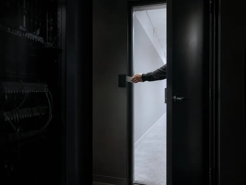 A server room doorway seen from inside the dark room, a narrow band of lit corridor beyond it and a hand holding a card to the reader on the frame