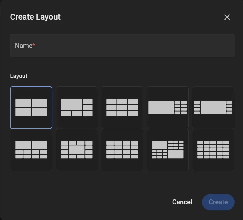 The Create Layout dialog showing ten multi-camera layout templates, each a different arrangement of large and small video tiles, with a name field and a Create button