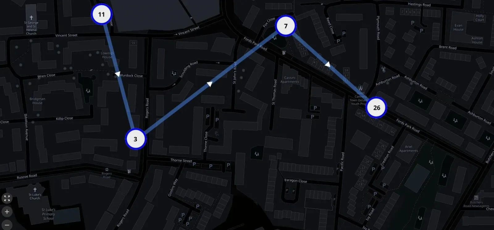 A reconstructed route on a dark street map: four circled waypoints numbered 11, 3, 7 and 26 joined by line segments whose arrowheads give the order the cameras saw the target