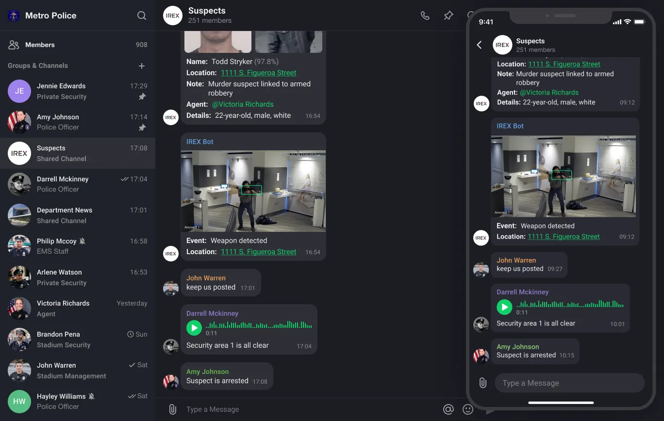 Sover on desktop and mobile showing a shared alert channel: an IREX bot has posted a weapon-detection frame with the camera, the location and the case notes and responders have replied underneath with voice notes and status updates