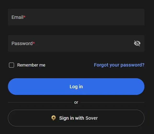 The IREX sign-in screen with a Sign in with Sover option below the Log in button