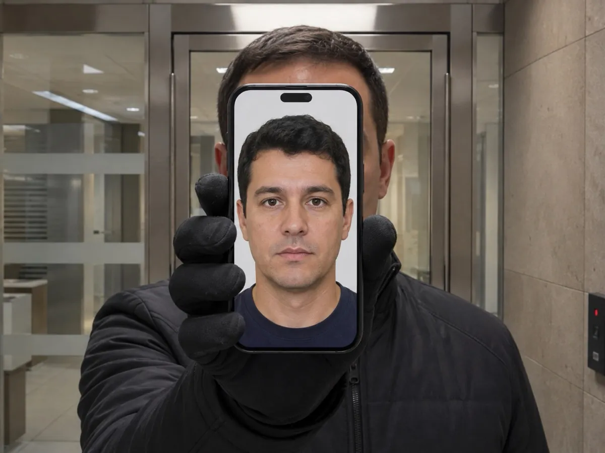 A gloved hand holds a phone up to a biometric reader’s camera, the screen filled by a flat, sharp portrait of a man, the phone’s bezel clearly visible around it.