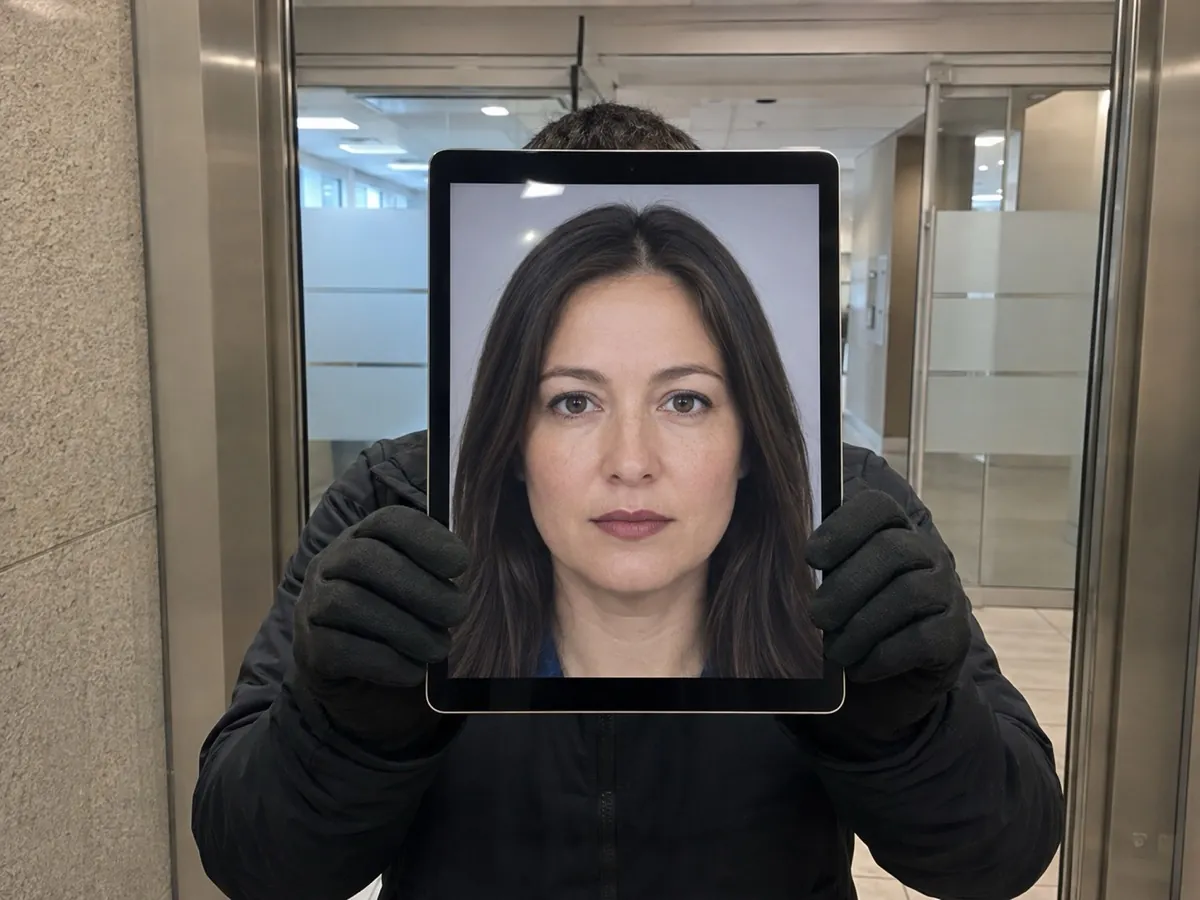 Two gloved hands hold a tablet up to a biometric reader, the screen showing a flat portrait that fills most of the frame and hides the person behind it.