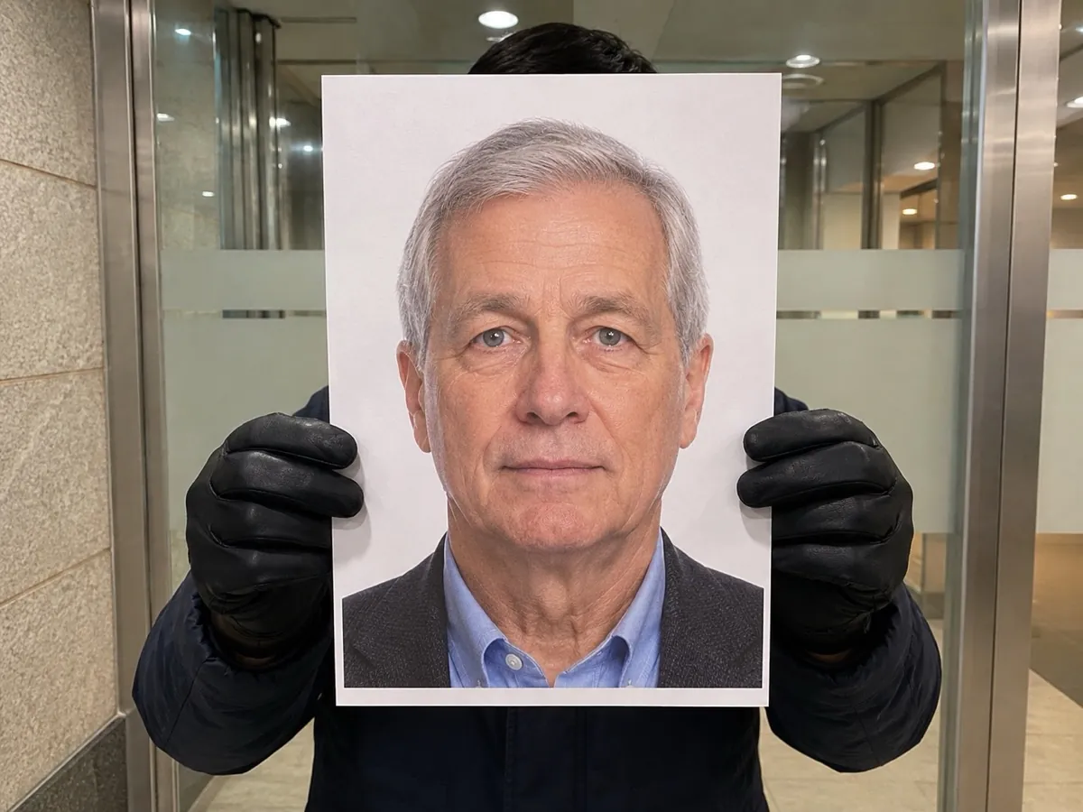 A gloved pair of hands holds a single printed sheet up to a biometric reader, a large portrait on it, with paper texture, white margins and a slight curl at one corner.