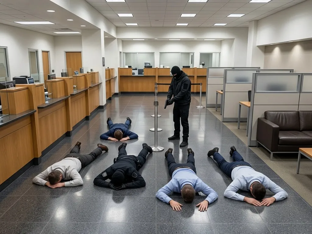 Six people lie face-down on the polished floor of a banking hall with their hands beside their heads while a masked figure in dark clothing stands among them holding a handgun low.