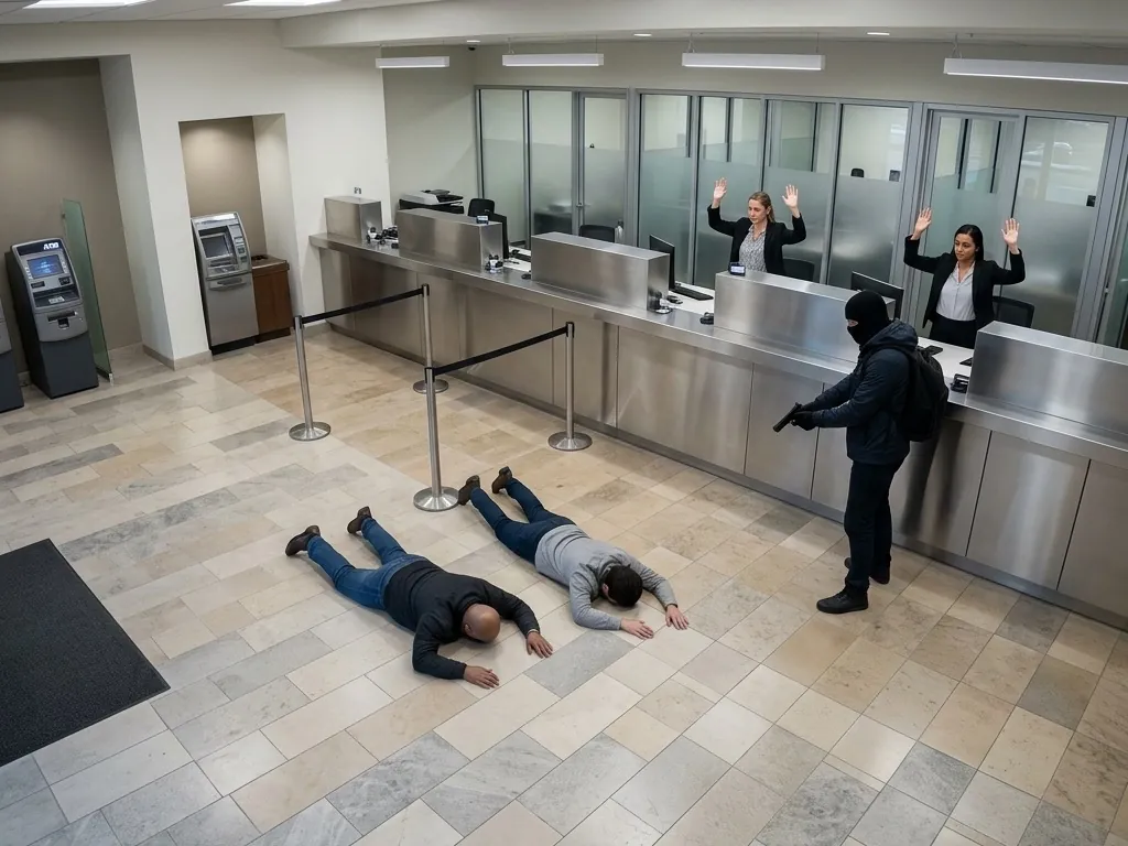 In a banking hall, two tellers behind the counter stand with both hands raised while two customers lie face-down on the tiled floor and a masked figure stands at the counter holding a handgun.
