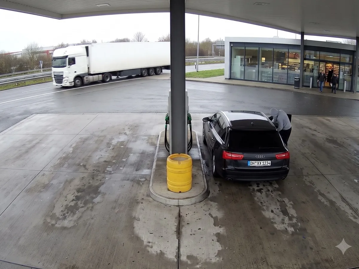 A black station wagon parked at a German highway service-area pump island, seen from the rear three-quarter with its rear plate legible, while a person leans into the open tailgate.