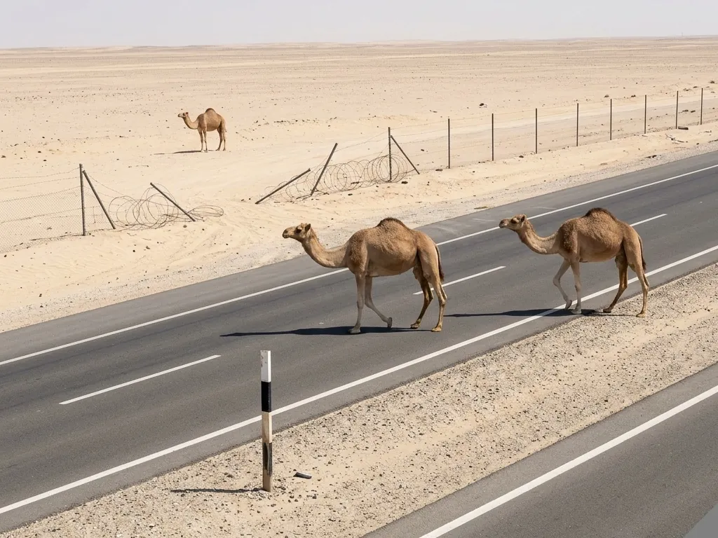 Illustrative camera frame of a camel on a highway